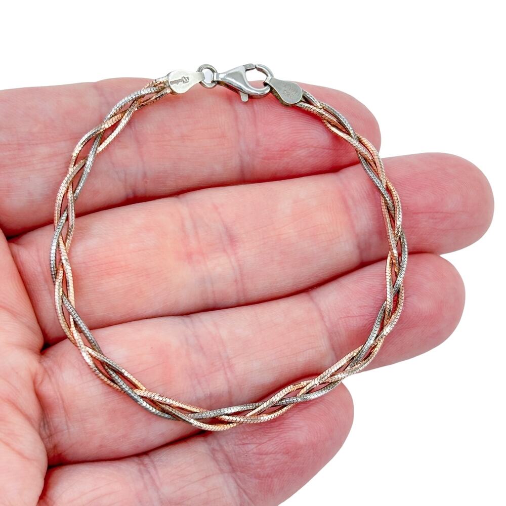 Vintage Sterling Silver 925 Tri-Color Braided Bracelet 7"